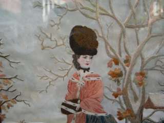 Antique Early 19th Century Georgian Era Women & Dog Silk Sampler 