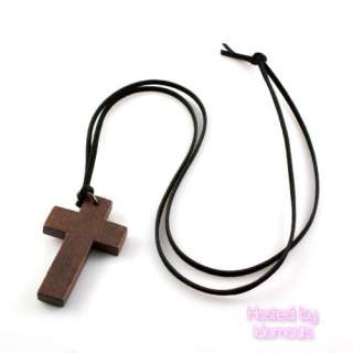 Brown NEW Wood Cross Pendants Casual Leather Necklace  