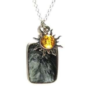  Honey Amber, Seraphinite and Sterling Silver Sun Pendant 