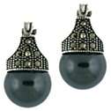 Simulated Black Pearl and Marcasite Sterling Silver Earrings  