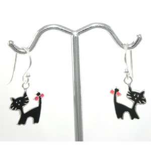 Beautiful Tomas Black Kitty Cat Enamel Charm Dangle Earrings 925 