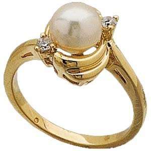   Yellow Gold Cultured White Pearl With Two Side Diamond Ring Jewelry