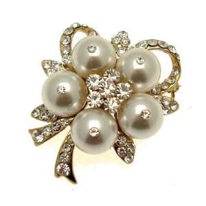   Acosta   Faux Pearl & Crystal   Golden Flower Corsage Brooch Jewelry