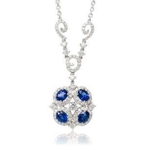    Diamond and Blue Sapphire 18k White Gold Pendant Necklace Jewelry