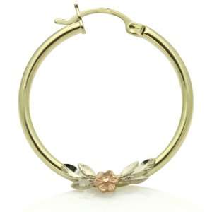   Medium Rose & Leaves Round Tri Color Gold Hoop Earrings Jewelry