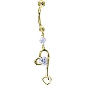   Yellow Gold Cubic Zirconia Heart Fantasy Dangle Belly Ring Jewelry