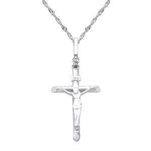 14K White Gold Crucifix Cross Charm Pendant with White Gold 1.2mm 