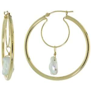  14k Gold Large Hoop Earrings w/ White Pearls, 1 3/8 in 
