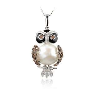    14K White Gold Diamond, Pearl & Gemstone Owl Necklace Jewelry