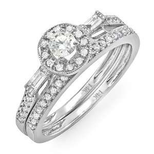 White Gold Round & Baguette Diamond Ladies Bridal Ring Engagement Set 