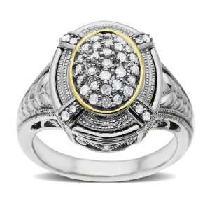  Sterling Silver and 14k Yellow Gold Oval Pave Diamond Ring 