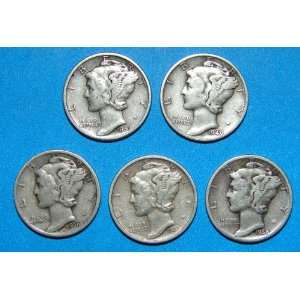  1941,42,43,44,45 Mercury Silver Dimes VF to FX Condition 