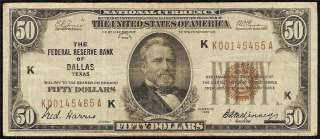 1929 $50 DOLLAR BILL KEY DALLAS FR BANK NOTE NATIONAL CURRENCY Fr 1880 