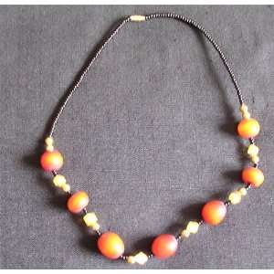 African Beaded Necklace Amber Color on a Black Chain