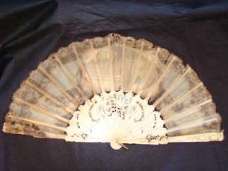 Antique Hand Painted Ox Bone Hand Fan with Wood Case. Museum Piece 