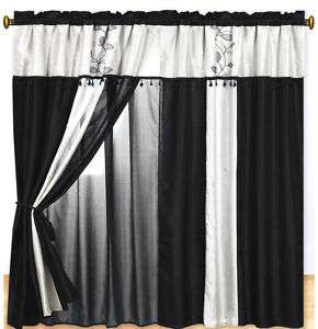 8PC Luxury Faux Silk Embroidery Black Beige Curtain Set  