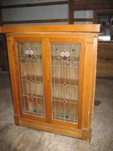 Old Oak Arts & Crafts Mantel & Bookcases Stained Glass  