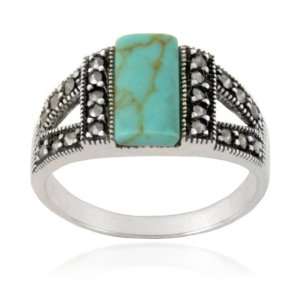   Silver Marcasite and Synthetic Turquoise Band Ring, Size 7 Jewelry
