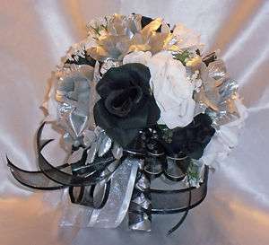 Wedding Bridal Bouquet Black White Silver Silk Wedding Flowers 21 pc 