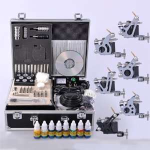  Tattoo Kit 6 Gun 10 Wrap Coil Analog Power Supply   Silver & Black 