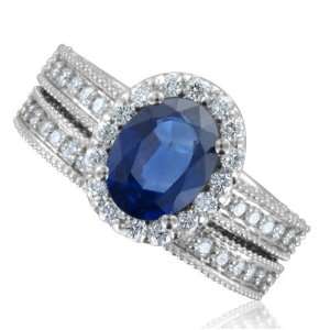 Milgrain Natural Sapphire Diamond Engagement Wedding Ring Bridal Set 