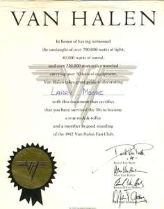 VAN HALEN 1982 OFFICIAL FAN CLUB CERTIFICATE  