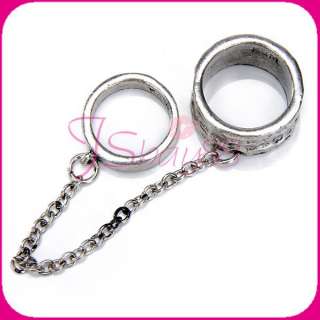   HAMMERED DOUBLE 2 TWO FINGER CONNECTOR SLAVE CHAIN KNUCKLE RING  