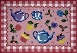 Pink Pretty Tea Party Floral Kettle Olive Kids Area Rug  