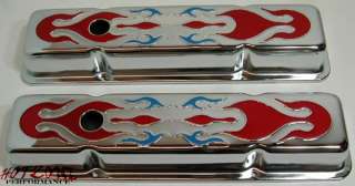 CHEVY SB SHORT CHROME VALVE COVERS PAINTED SBC FLAME  