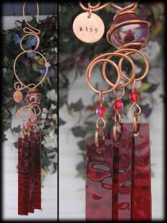 KISS Handmade Stamped Copper Wind Chimes Stained Glass Garden Art 