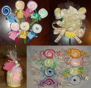 From baby washcloth lollipops to candies to baby sock corsage. Great 