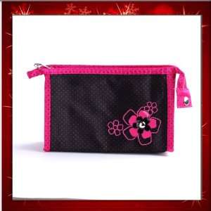 Fashion Lady Makeup Cosmetic Hand Case Zipper Pouch Bag Black Flower 