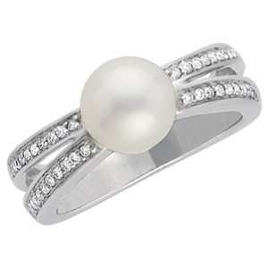  14K White Gold Cultured Pearl and Diamond Ring Jewelry