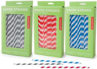 Kikkerland Design Paper Drinking Straws Box 144 Blue Stripes 