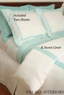 HOTEL GRAMMERCY WHITE & AQUA BLUE KING DUVET COVER + SHAMS SET  