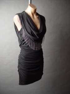 Black Draping Chain Fringe Low Cut Draped Neck Gathered Fitted Party 