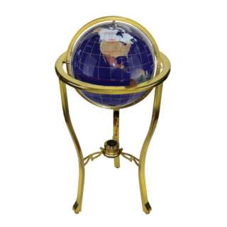 Blue & Polished Stone Globe w Three Legged Brass Stand & Compass New 
