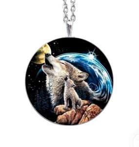 Two Wolves Howling at Moon Glass Tile Jewelry Necklace Pendant  