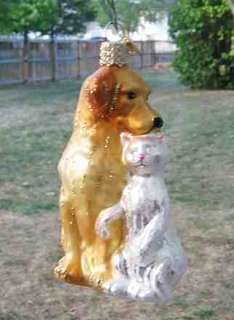 NEW* GOLDEN RETRIEVER w/CAT Blown Glass Ornament NICE  