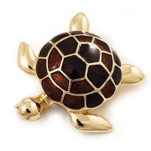  Gold Plated Brown Enamel Turtle Brooch Jewelry