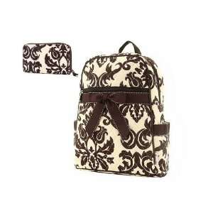   Damask Print Backpack with Matching Zip around Wallet   Brown/Cream