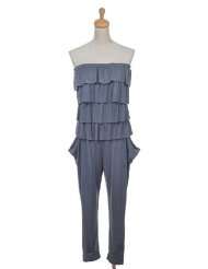 Anna Kaci S/M Fit Grey Strapless Multi Tiered Ruffle Relaxed Jumpsuit 