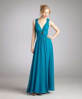 Hoaglund New York blue lagoon belted long chiffon gown