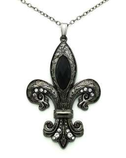   De Lis Flower with Black and Clear Rhinestones 30 Inch Necklace  