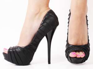   Stiletto High Heel Pleated Open Toe Pump Black Soft Size 5.5  10