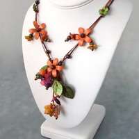 Sweet Orange Attention Floral Garden Leather Necklace