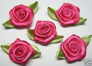 Satin Ribbon Rose w/ Leaf Appliques x 100 Hot Pink  
