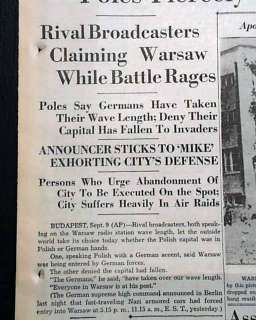   II Begins INVASION on Poland Adolph Hitler Wars 1939 WWII Newspaper