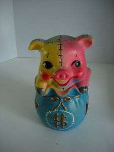 Circa 1955 Chalkware Pig Piggy Bank Money Bag Carnival Arcade Prize 
