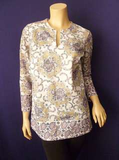 Vintage Tunic Top Floral Hippie Psychedelic White Purple Paisley 